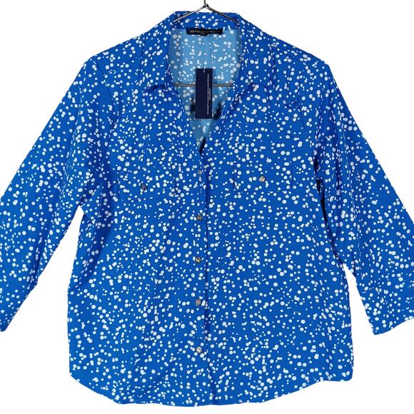 Adrienne Vittadini Blouse Size Large Blue & White Specks Button Down 3/4 Sleeve - Picture 2 of 10